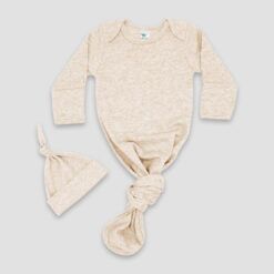 Baby Knotted Gown and Beanie Set Oatmeal - Polyester Cotton Blend - LGS3821O - The Laughing Giraffe®